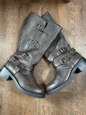 Women's Dark Brown Lace-Up Buckle Mid-Calf Boots